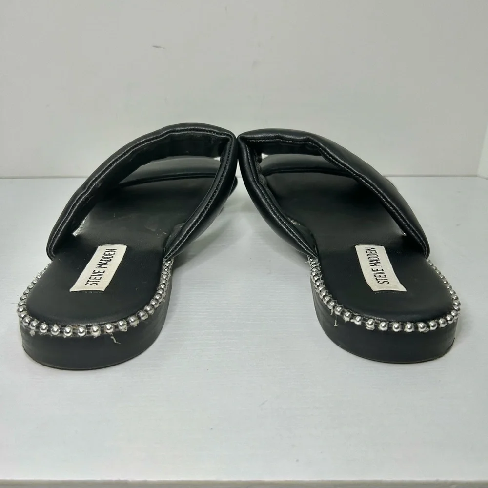 Steve Madden Frita Black Puff Strap Metal Stud Flat Slide Sandals Size 10